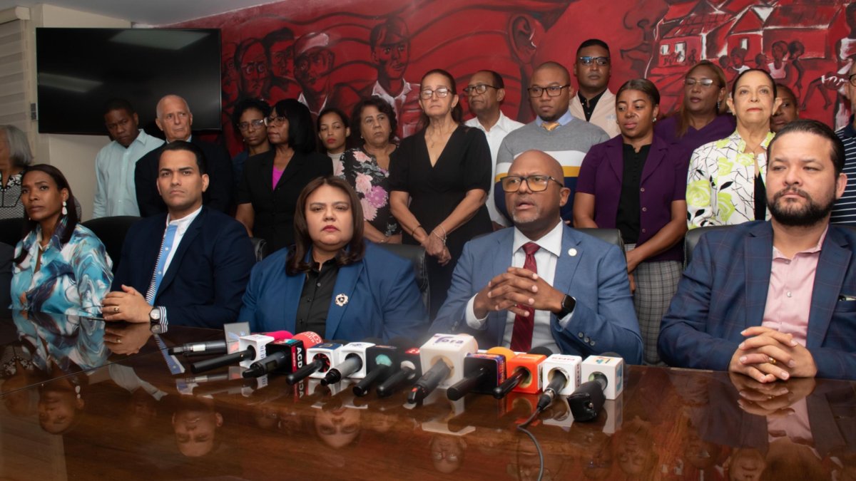 Representantes del Colegio Médico Dominicano (CMD), encabezados por su presidente, doctor Luis Alberto Peña Núñez, durante rueda de prensa.