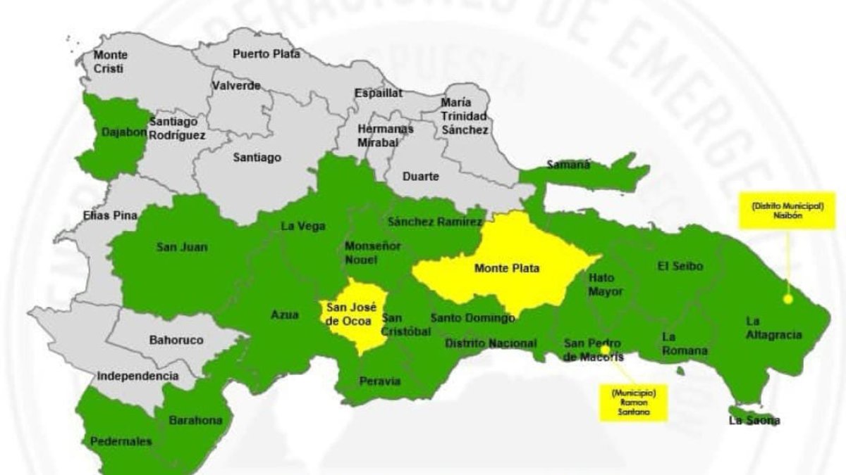El COE mantiene en alerta amarilla a San José de Ocoa y Monte Plata.