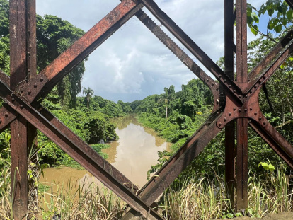 Un encuadre a través de las diagonales de la estructura metálica corroída que deja ver las aguas marrones del río Ozama bordeado de vegetación. Jorge González