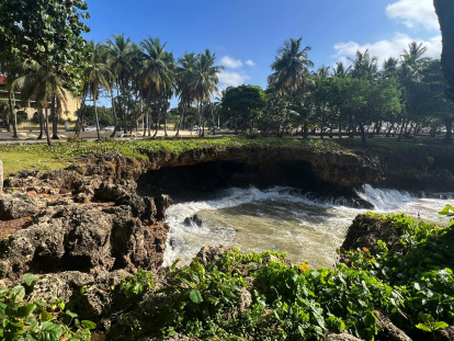 Una formación rocosa drena y resguarda el embate de las olas en una pequeña caleta litoral. En la parte superior, la vegetación silvestre y una hilera de altas palmeras. Jorge González