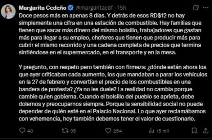 Publicación de Margarita Cedeño en su cuenta de X.