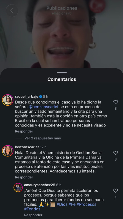 Comentarios de Raquel Arbaje y Scarlet Benzan en respuesta al caso de Berlin en publicación de la cuenta de Instagram del periódico El Nacional