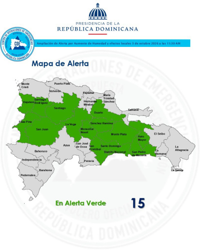 El COE mantiene 14 provincias y el Distrito Nacional en alerta verde ante las lluvias asociadas a una vaguada y una onda tropical.