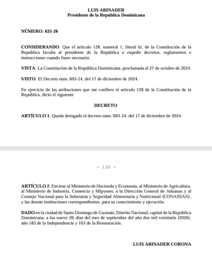 El Decreto 635-26 fue publicado en la Gaceta Oficial.