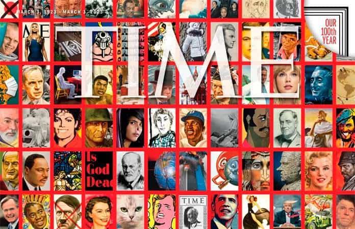 La portada del aniversario es una composición de cien de los diseños más influyentes, con personajes como Martin Luther King Jr., Marilyn Monroe, John F. Kennedy, Barack Obama y Vladimir Putin, pero también un gato y el pájaro amarillo de Barrio Sésamo.