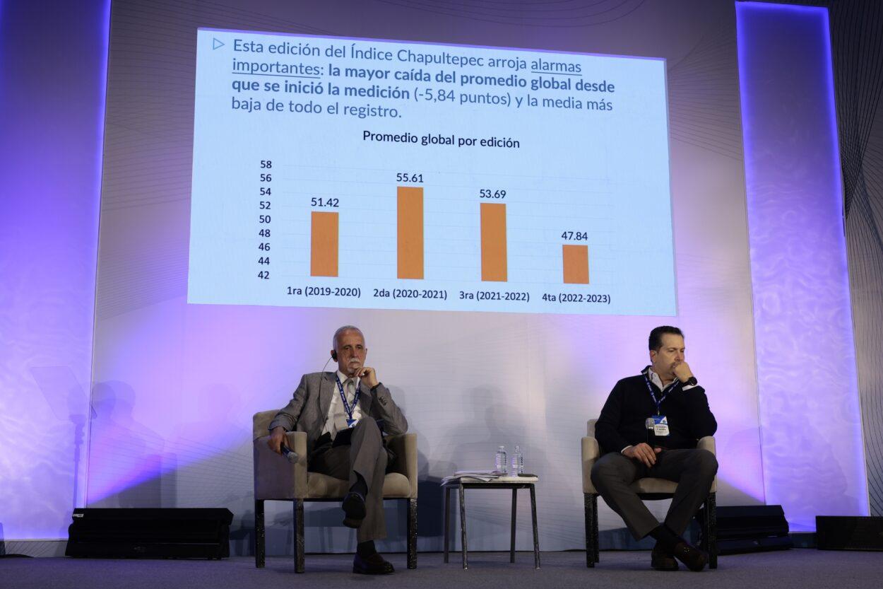CIUDAD DE MÉXICO (MÉXICO),10/11/2023.- El presidente de la Comisión de Libertad de Prensa de Información de la Sociedad Interamericana de Prensa, Carlos Jornet (i), y el periodista Armando Castilla (d) participan durante la presentación del Índice de Chapultepec 2023, hoy en el marco del 79° Asamblea General de la Sociedad Interamericana de Prensa que se celebra en Ciudad de México (México). Los riesgos y violencias hacia los periodistas en América persisten, de acuerdo con el Índice Chapultepec de Libertad de Expresión y Prensa presentado este viernes por la Sociedad Interamericana de Prensa (SIP) en su asamblea general anual, que se celebra estos días en la Ciudad de México. EFE/José Méndez