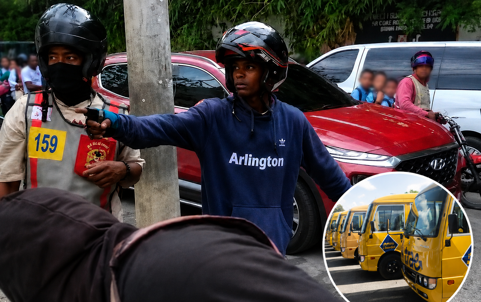 El momento de tensión se registró en el sector Café de Herrera, en Santo Domingo Oeste, durante el incidente en el que un conductor del transporte escolar de TRAE fue presuntamente atacado por varios motoconchistas mientras lo llevaba a clases.