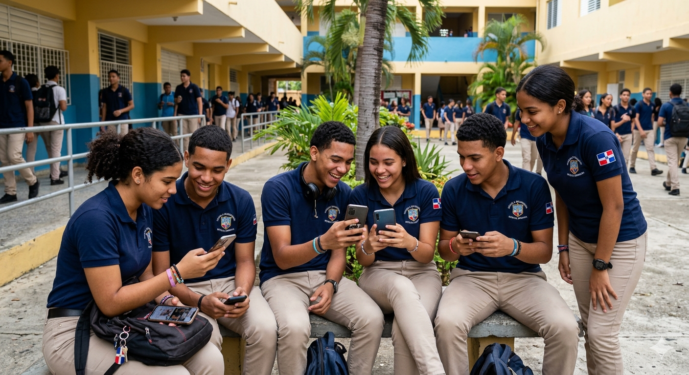 Estudiantes que usan teléfonos móviles en la escuela.