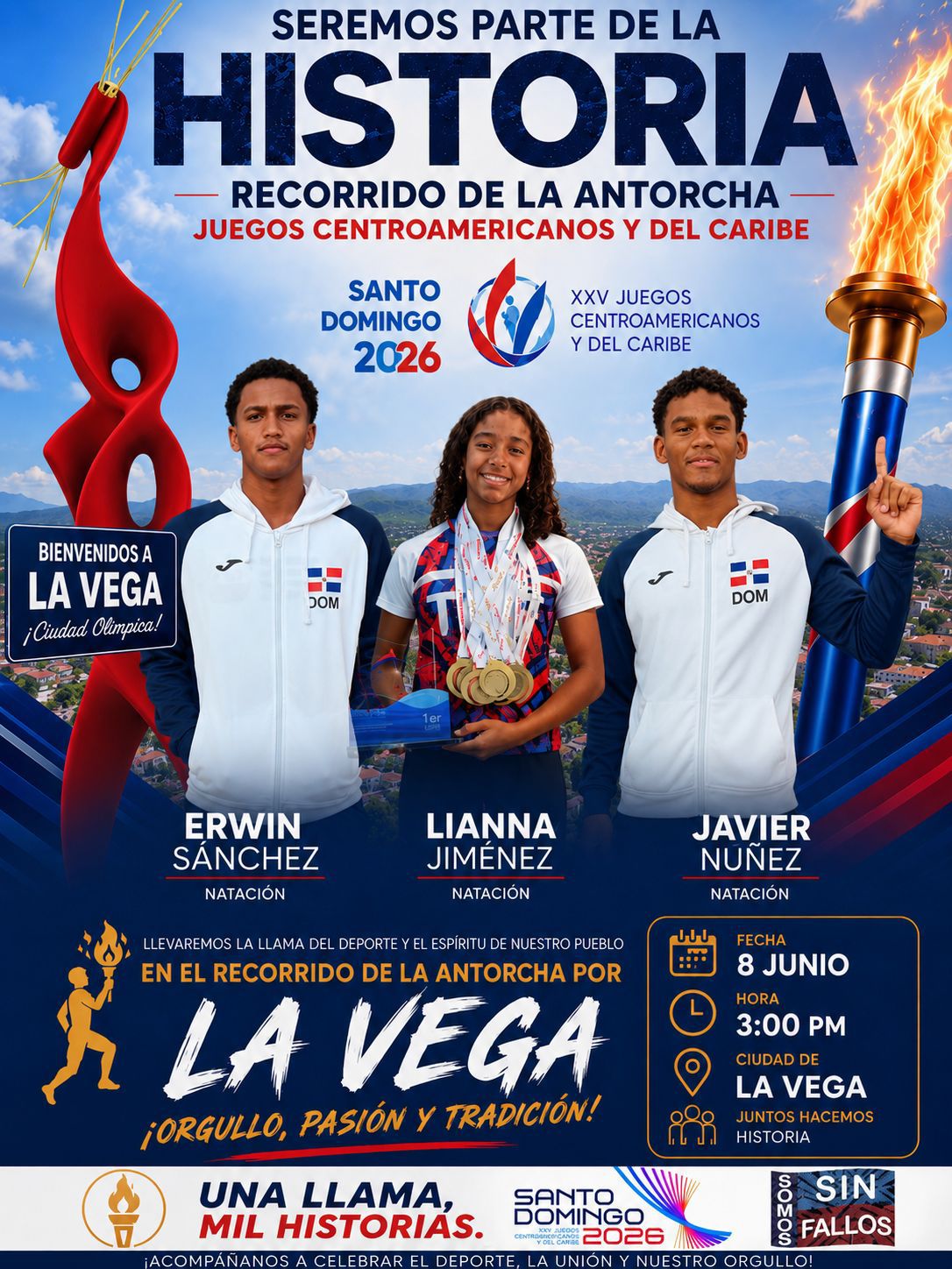 Afiche promocional del recorrido de la antorcha de los Juegos Centroamericanos y del Caribe Santo Domingo 2026.