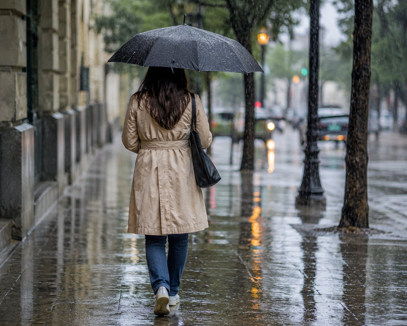 Imagen generada por IA de una mujer caminando bajo la lluvia