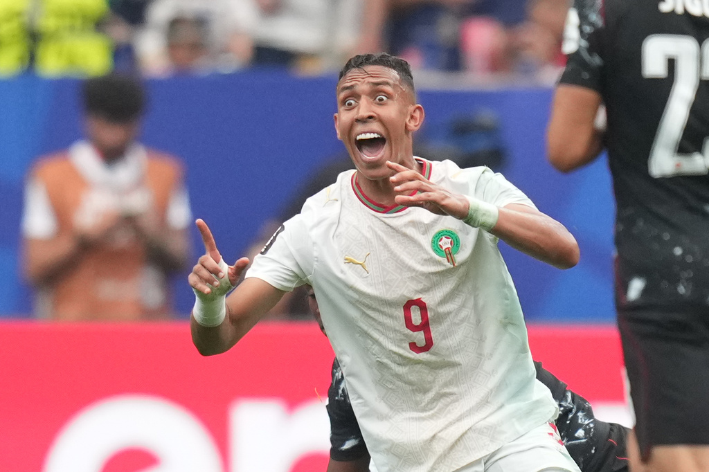 Sofiane Rahimi de Marruecos celebra durante el partido de octavos de final entre Canadá y Marruecos, el sábado 4 de julio de 2026, en Houston. (Foto AP/Eric Gay)