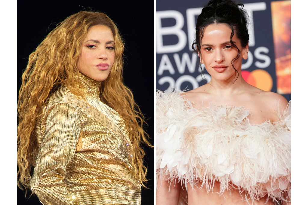 Shakira, izquierda, actúa en Baltimore el 6 de julio de 2026 y Rosalía asiste a los Brit Awards 2026 el 28 de febrero de 2026 en Manchester, Inglaterra. (Foto AP)