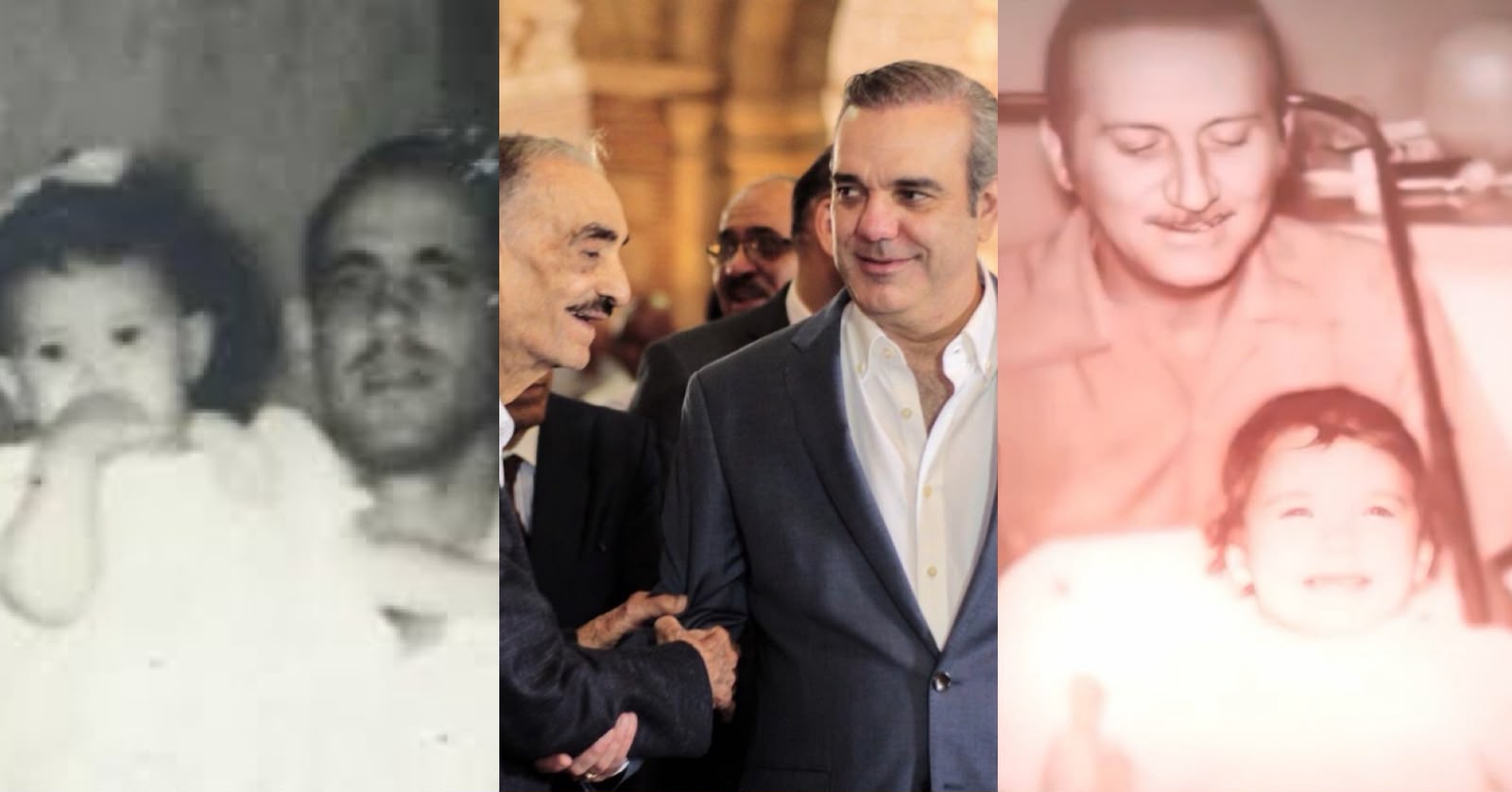 De izquierda a derecha: Raquel Peña con su padre, Rafael Leocadio Peña Guillén, en una foto de infancia; Luis Abinadar con su padre José Rafael Abinadar Wassaf; Y Raquel Arbaaz con su padre Elías Arbaaz durante su infancia.