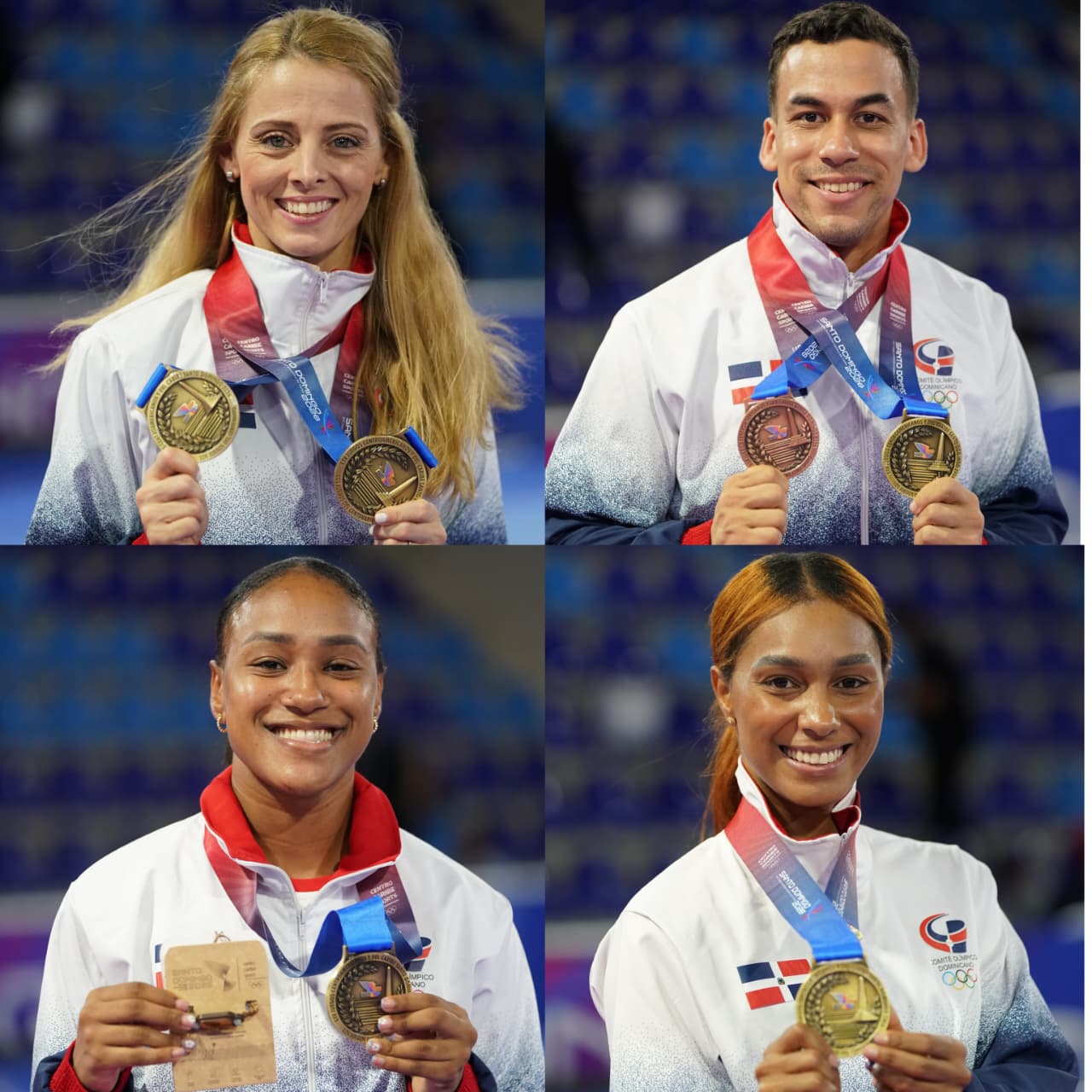 Los cinco medallistas de oro de los  Juegos 2026. María Dimitrova, Larry Aracena, Penélope Polanco y Thalía Terrero.