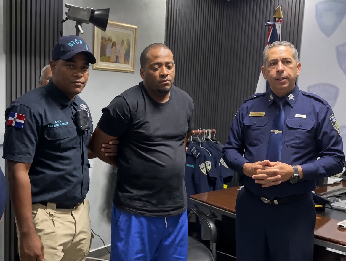Andrés Michael Nolasco Familia es recibido por el vocero de la Policía, Diego Pesqueira.
