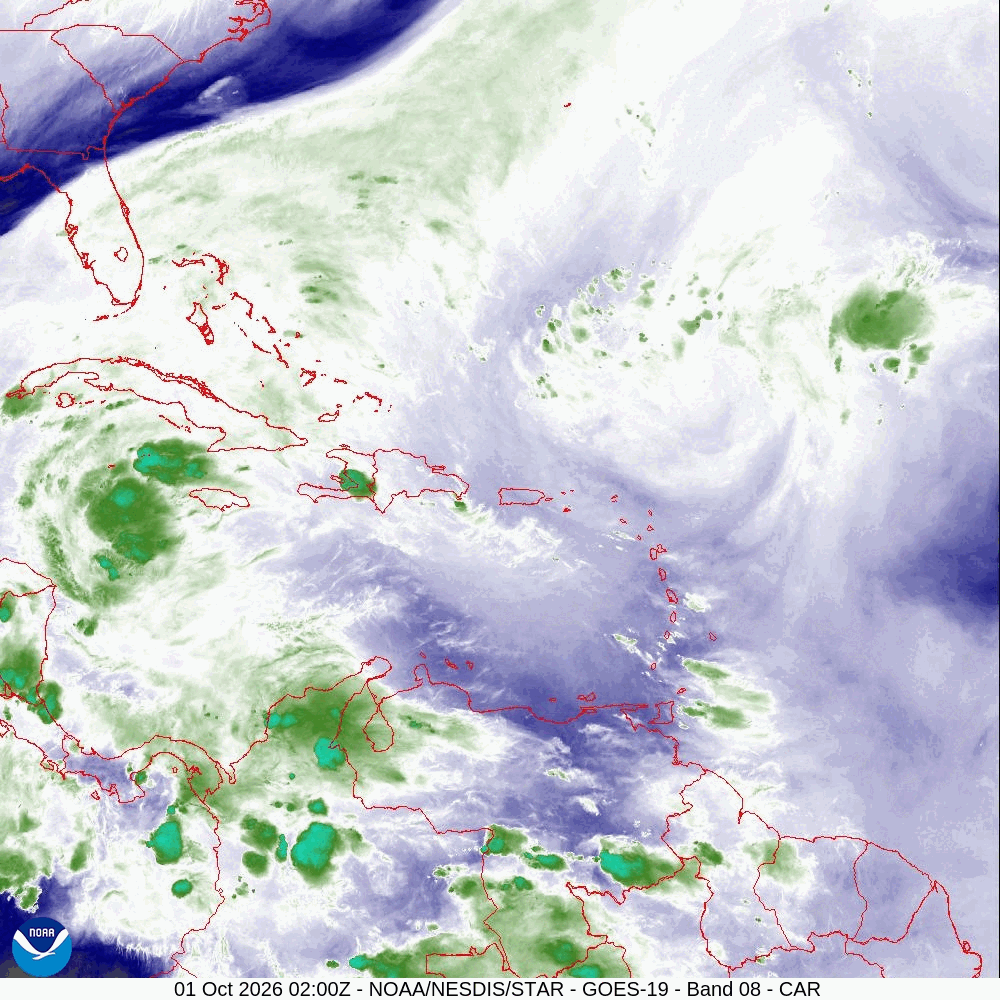 Imagen que muestra los niveles de vapor de agua en la masa de aire, del Centro Nacional de Huracanes de los Estados Unidos