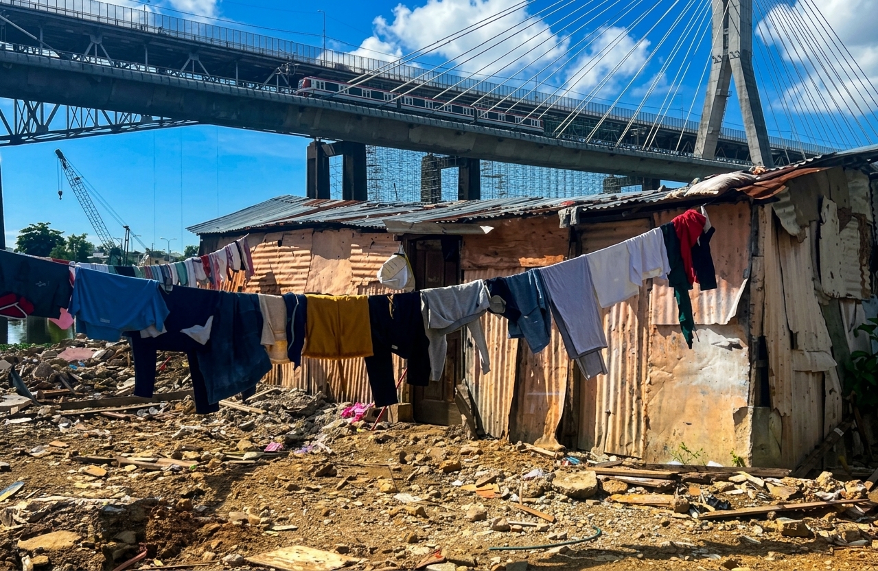 En contraste de esta vivienda humilde de madera y zinc con ropa tendida en primer plano, ubicada a orillas del Ozama. De fondo la infraestructura del puente de la 17.  Jorge González.