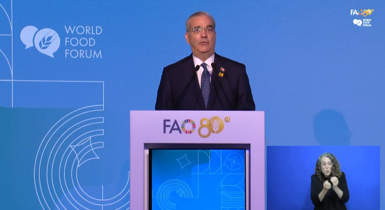 El presidente Luis Abinader durante su intervención en la inauguración del Foro Mundial de la Alimentación 2026, en Roma, Italia.