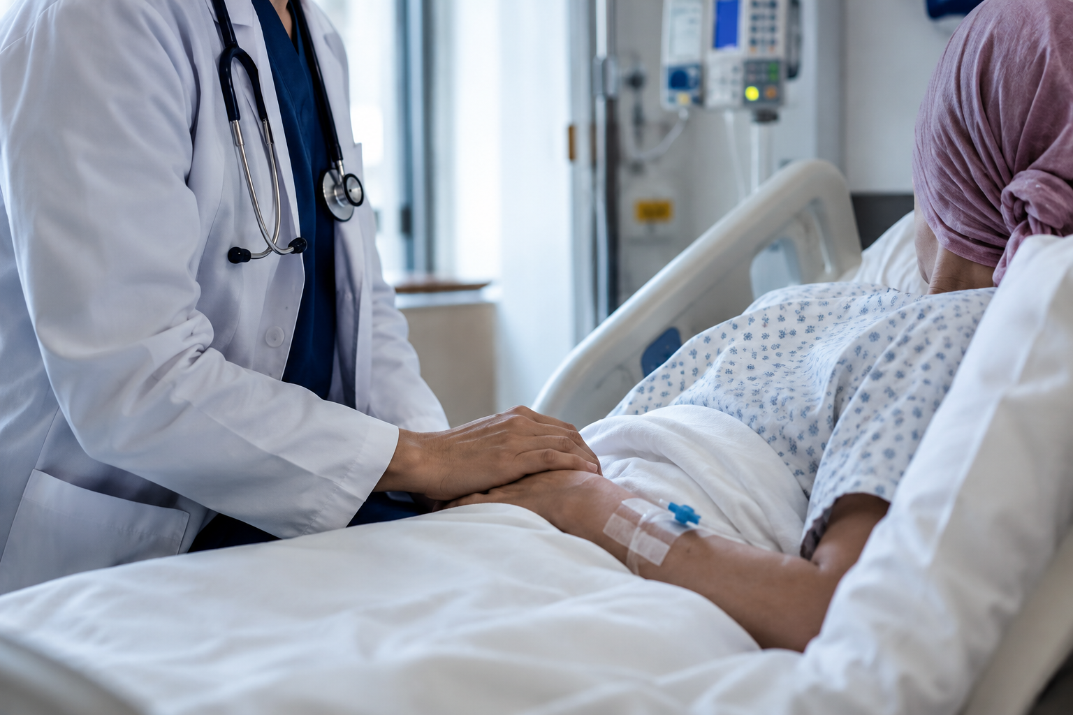 Imagen, generada por IA, de un médico atendiendo un paciente con cáncer
