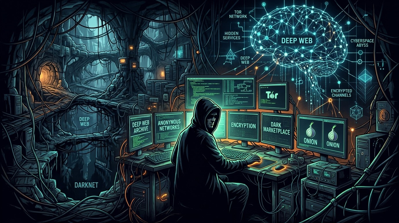 La Deep Web (o internet profunda) es el conjunto de páginas y contenidos de internet que no están indexados por los motores de búsqueda tradicionales como Google o Bing. Imágen creada por IA.
