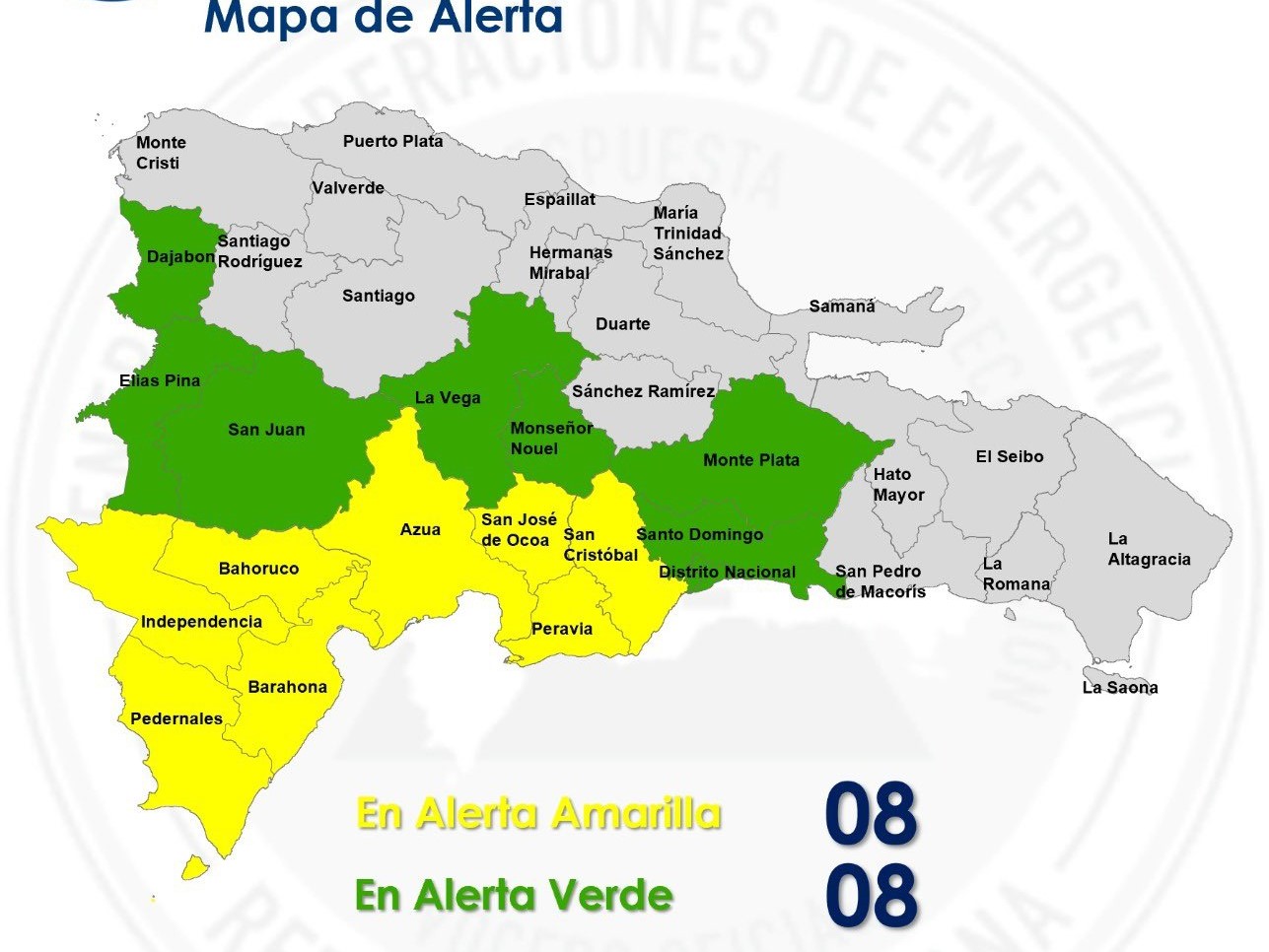 Dieciséis provincias en alerta verde y amarilla.