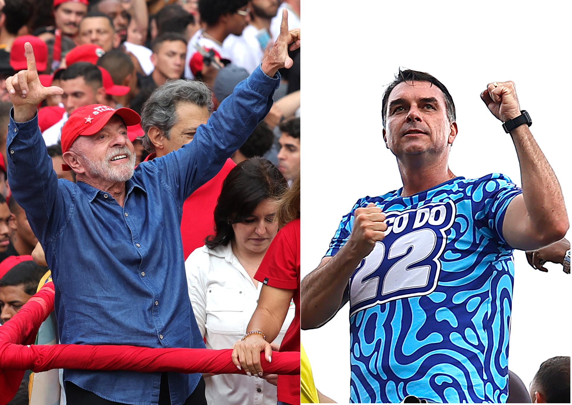 BOGOTÁ (COLOMBIA), 24/10/2026.- Combo de fotografías que muestra al presidente y candidato a la reelección de Brasil Luiz Inácio Lula da Silva (i) y al candidato opositor Flávio Bolsonaro durante sus respectivos cierres de campaña este sábado y que según últimos sondeos Bolsonaro ganaría la segunda vuelta de las elecciones con un 51 % de los votos válidos frente al 49 % de Lula da Silva. EFE/ Sebastiao Moreira / Andre Coelho